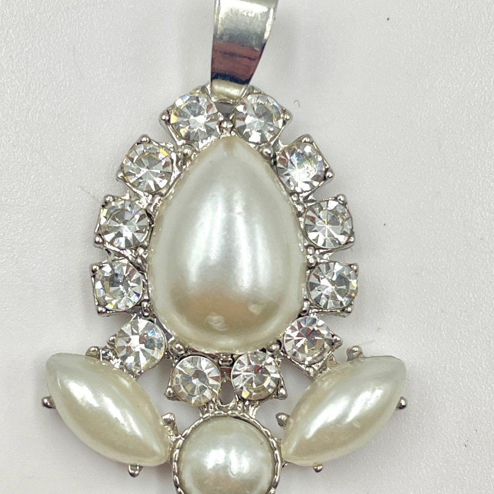 Vintage Y2K Faux Pearl Rhinestone Statement Pendant Silver Tone Cross Motif